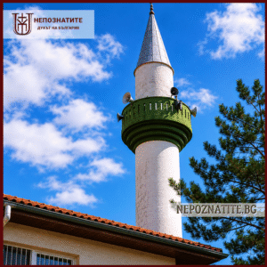 Високо бяло минаре с декоративен балкон и синьо небе