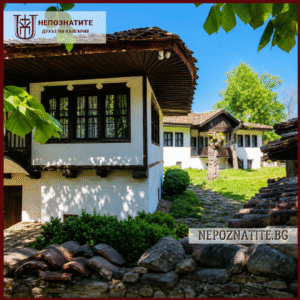 Старинни български къщи с бели фасади и дървени чардаци сред зеленина.